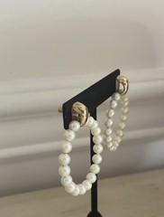 Vintage Open Circle Hoop Faux Pearl Ivory Gold 2” Drop Statement Earrings