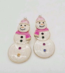 Christmas Earrings Snowman Pierced Dangle Enamel Multicolored Pink 2.25 in