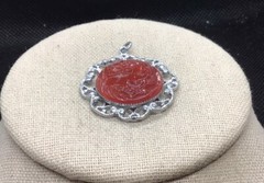 Vintage Silver Tone Costume Carved Floral Burgandy Glass Stone Pendant C526