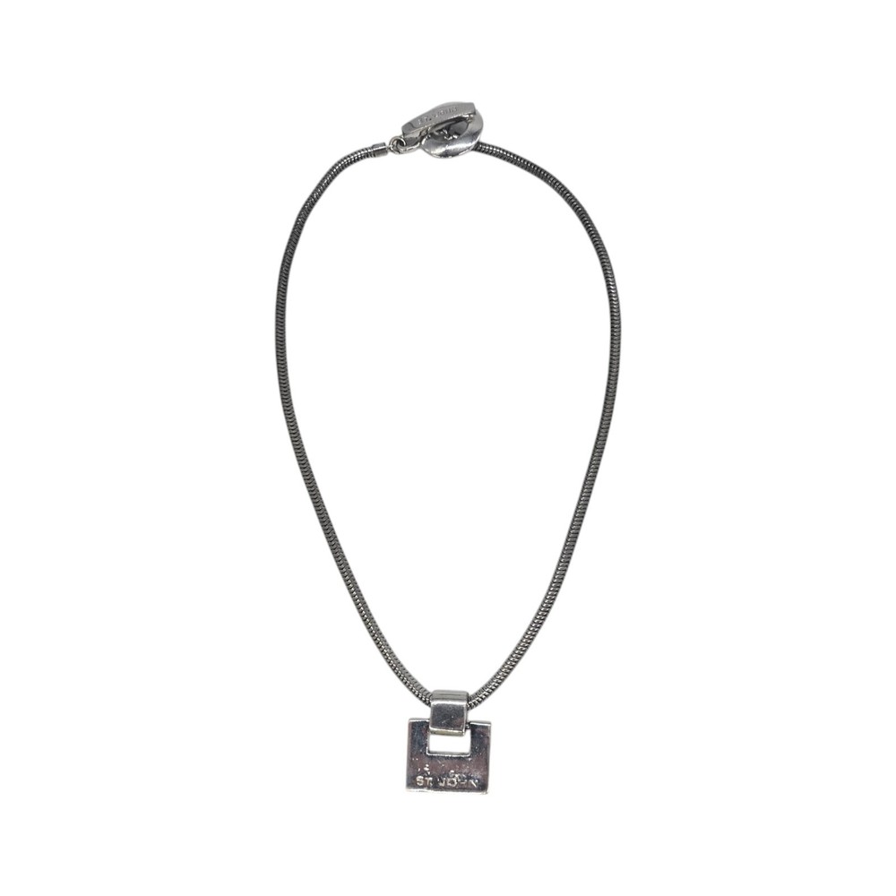 Vintage St. John Silver Tone Logo Square Pendant Necklace Chunky Snake Chain 17″