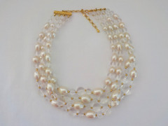 Vintage Four Strand Faux Pearl Bead Necklace Clear Plastic Gold Tone Metal Oval
