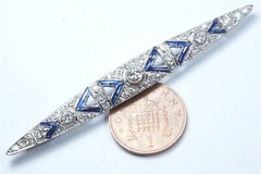 ANTIQUE ART DECO PLATINUM DIAMOND SAPPHIRE NAVETTE SHAPE BROOCH c1920