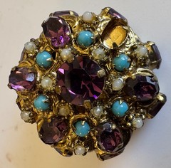 Vintage domed brooch purple rhinestones turquoise beads & faux pearls gold-tone