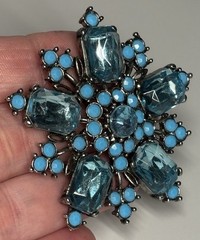 Vintage Brooch Pot Metal Glass Acrylic Blue Rhinestones Flower Starburst