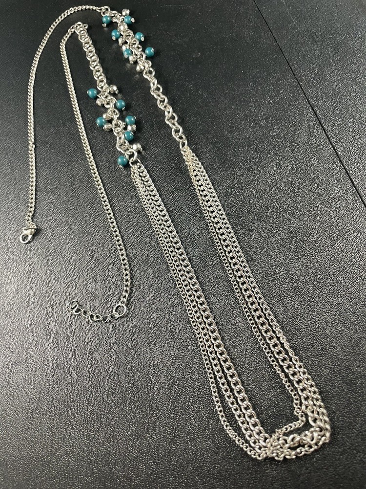 Vintage Layered Teal Green Charm Necklace 40” Silver Tone Metal Chains