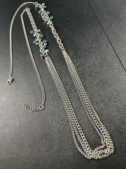 Vintage Layered Teal Green Charm Necklace 40” Silver Tone Metal Chains