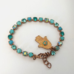 AMARO Tennis Bracelet Hamsa Turquoise Aqua Blue Crystals Gold Tone VTG Boho AB