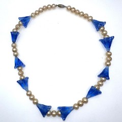 Antique Art Deco 1920s 1930s blue molded Czech glass beads faux pearls necklace