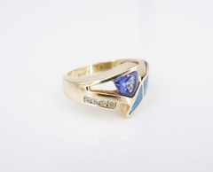 14k Tanzanite Opal Inlay Diamond Cocktail Ring Yellow Gold Natural Size 7 RG5195