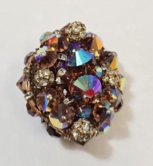 Vintage Large Clear Rhinestone Layered Dark Topaz AB Crystal Bead Brooch