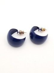 1970-80s Stud Earrings Vintage Fashion Jewelry Enamel Metal Blue Wide Half-Hoops