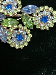 Vtg WEISS Signed Rhinestone Brooch Earrings Set Blue Green Floral Demi Parure
