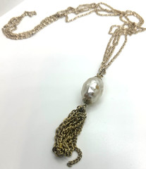 Vintage Faux Baroque Pearl Pendant Necklace Gold Tone Opera Length