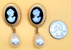 Gold Tone & Faux Pearls Pierced Dangle Cameo Earrings Contemporary