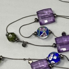 Glass Bead Station Necklace Blue Flower Lampwork Purple Acrylic Black Tone 36″