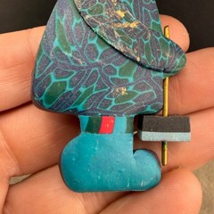 Vintage Polymer Clay Brooch Winter Coat Boots Blue