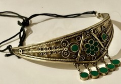 Vintage Silvery Tone Moroccan Green Cabochon Tassel Choker / Bead Bracelet Set