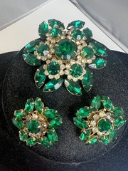 Vtg Judy Lee Green Marquise Rhinestone Starburst Flower Gold Tone Demi Parure