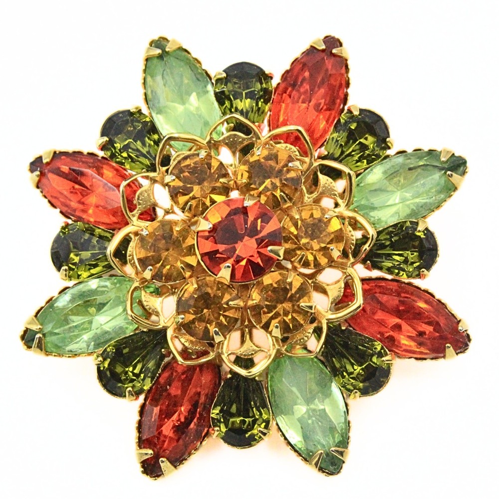 Spectacular Vintage Green Orange Navette Tri-Color Rhinestones Glass Brooch