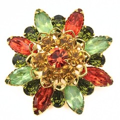 Spectacular Vintage Green Orange Navette Tri-Color Rhinestones Glass Brooch