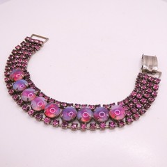 Vintage Pink Givre Rinestone Wide 4 Row 6.5″ Womens Statement Bracelet