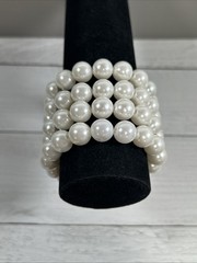 Vintage Multi Strand Faux Pearl Stretch Bracelet White Beaded Cuff Statement