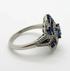 Vintage Art Deco Oval Sapphire & Lab-Created Diamond Engagement 925 Silver Ring