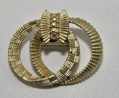 Vintage Double Circle Brooch Pin Aurora Borealis Rhinestones Gold Tone