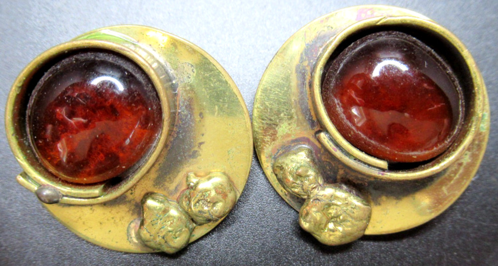 Artisan Rootbeer Glass Cabochon Brass Vintage Clip Earrings