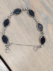 Silver Tone Faux Black Onyx Glass Oval Gemstone Bracelet