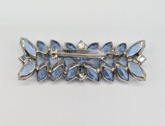 Blue Navette Rhinestone Bar Brooch And Clip On Earrings Open Back