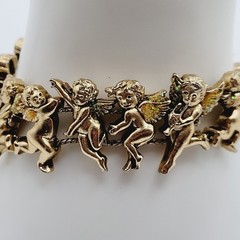 Cherub Angels Iridescent Glitter Wings Gold Tone Vtg Slide Bracelet 7.5 Inch