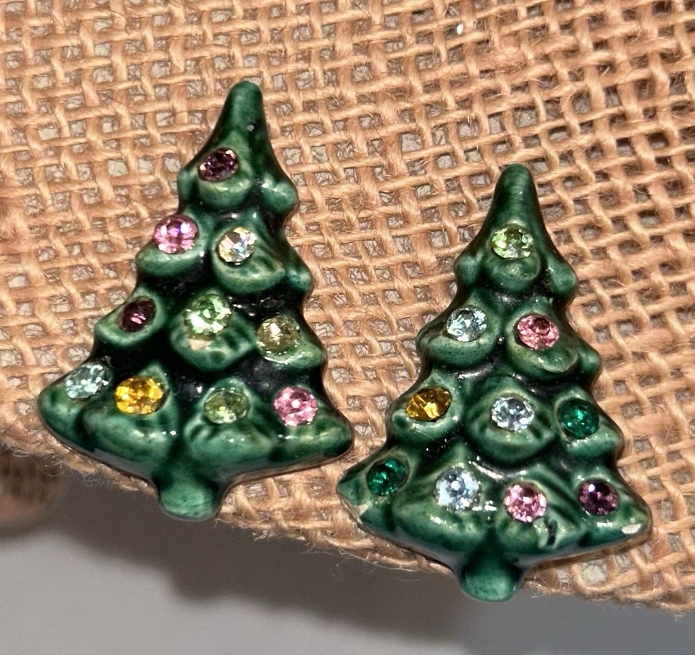 Rare Vintage Ceramic Christmas Tree Screw Back Earrings, Original Rhinestones