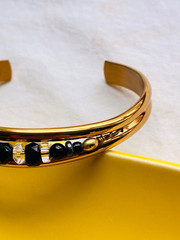 Vtg Sergio Lub CUFF BRACELET Black Onyx & Clear Beaded US Brushed Gold Tone NWOT