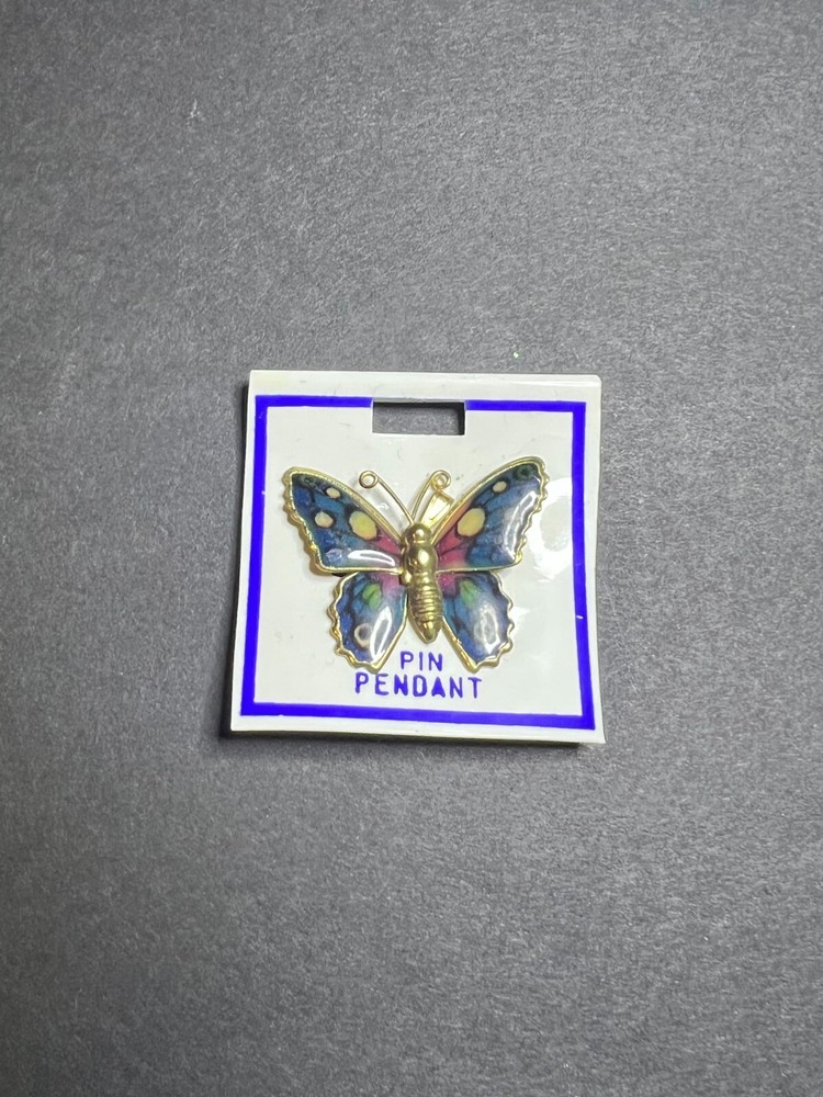 Vintage Whimsical Blue Multicolor Enamel Butterfly Brooch Pin Pendant 1 x 1.25″