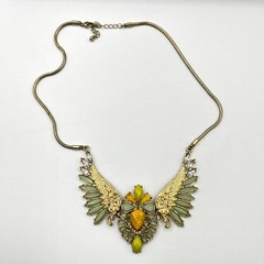 VTG Retro Gold Tone Phoenix Wing Necklace Sage Green & Amber Tone Boho Statement