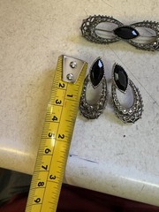 Vintage Filigree Brooch Earring Set Black Stone Bow Look Silver Tone