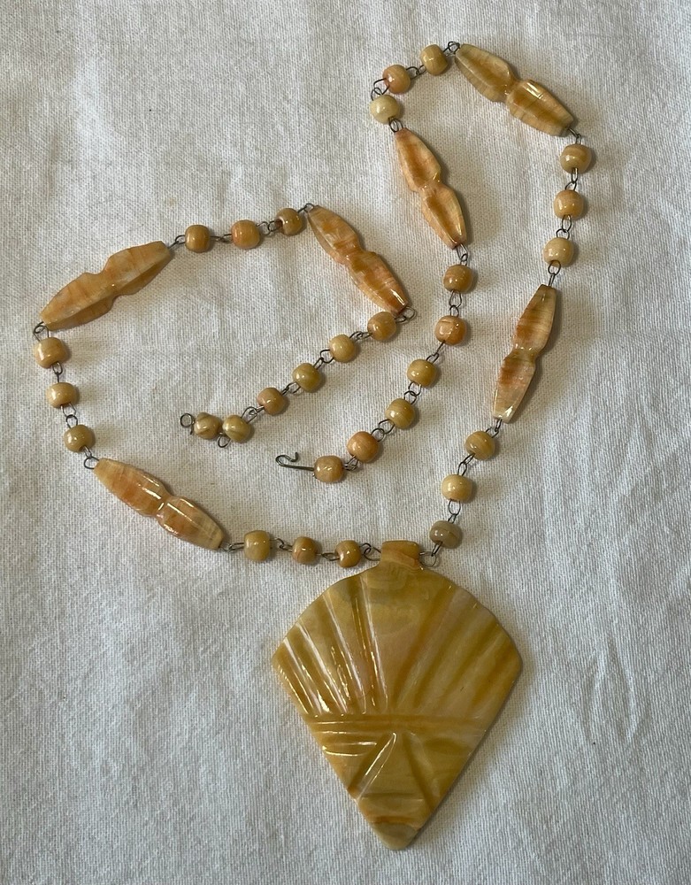 VTG Aztec Carved Orange Agate Tribal Necklace & Mask Pendant 28” Central Mexico