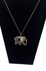 Antiqued Gold Tone Elephant Pendant Necklace Crystal Rhinestone 26in Boho