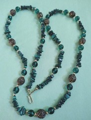 Vintage MALACHITE STONES & Green Glass Beaded Necklace in Silver Tone
