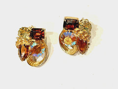 VINTAGE TOPAZ AMBER BROWN YELLOW NAVETTE AB RHINESTONE LEAF Clip On Earrings
