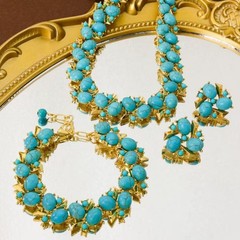 Vintage Turquoise Gold Tone Necklace Bracelet & Earrings Set Statement Jewelry