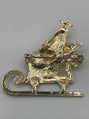 LC Lauren Conrad Christmas Sleigh Rhinestone Enamel Brooch Gold Tone Signed