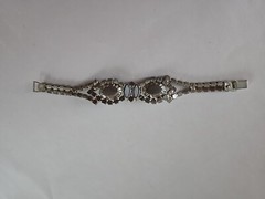 1950s Aurora Borealis AB Rhinestone & Blue Molded Glass Bracelet 7.25″