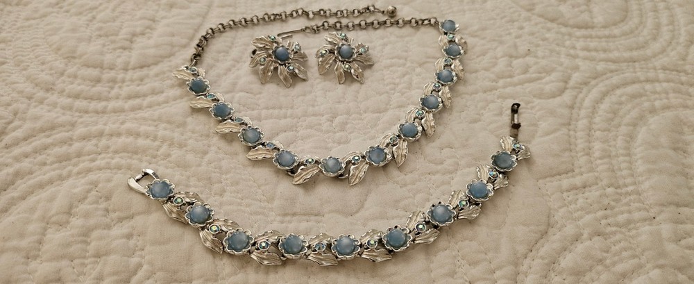 Vintage Judy Lee 3-pc Set, Silver Tone Leaf Blue Moonstone, Clip-Ons