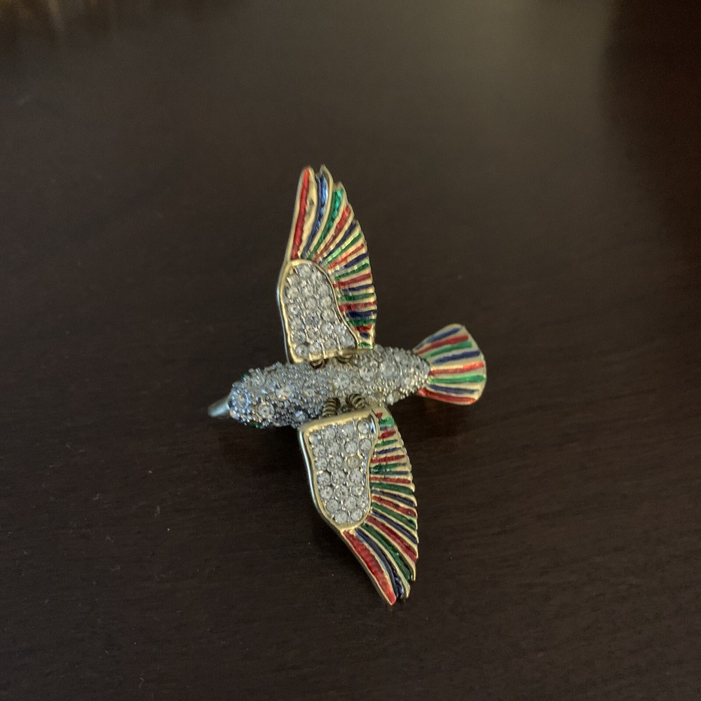 Gold tone colorful bird pin with rhinestones and moveable wings