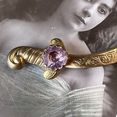 Antique Victorian Crescent Bar Brooch – Gold Plate – Lavender Paste – C-Clasp