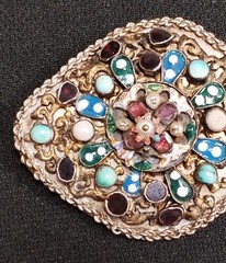 Antique 1890’s Austro Hungarian Almandine Garnet, Enamel, Turquoise Pearl Brooch