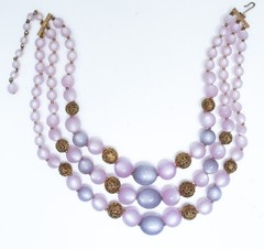 1950s Lucite Necklace Lavender Pink Moonglow Glitter Gold Filigree Beads Grandma