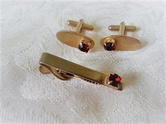 Vintage Gold Tone Cufflinks and Tie Bar Clip Clasp With Red Rhinestones KJ